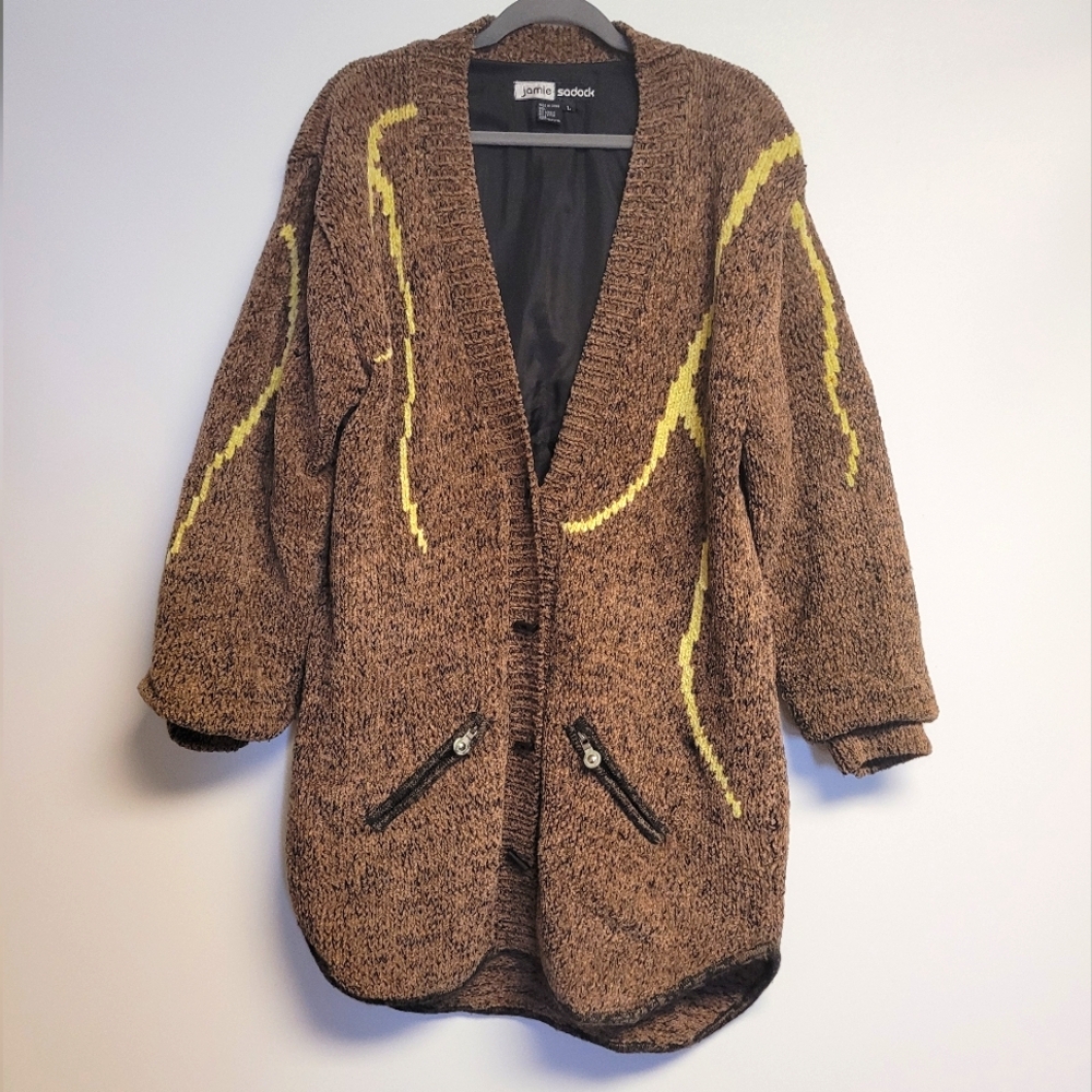 Vintage 90's Jamie Sadock Brown Chunky Knit Sweater  Teddy Jacket Large - Picture 6 of 9